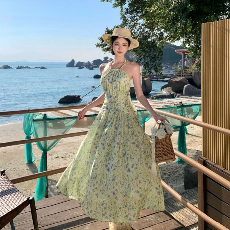Halter Neck Flower Print Midi A-Line Dress