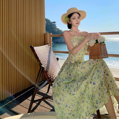 Halter Neck Flower Print Midi A-Line Dress