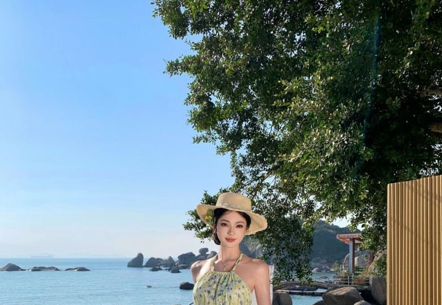 Halter Neck Flower Print Midi A-Line Dress