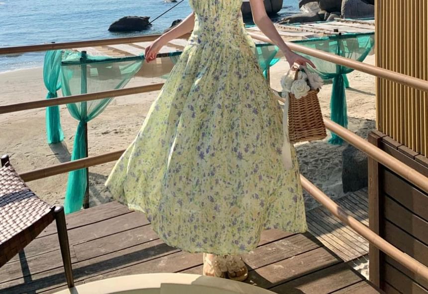 Halter Neck Flower Print Midi A-Line Dress