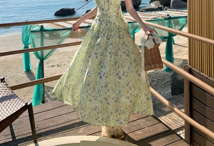 Halter Neck Flower Print Midi A-Line Dress