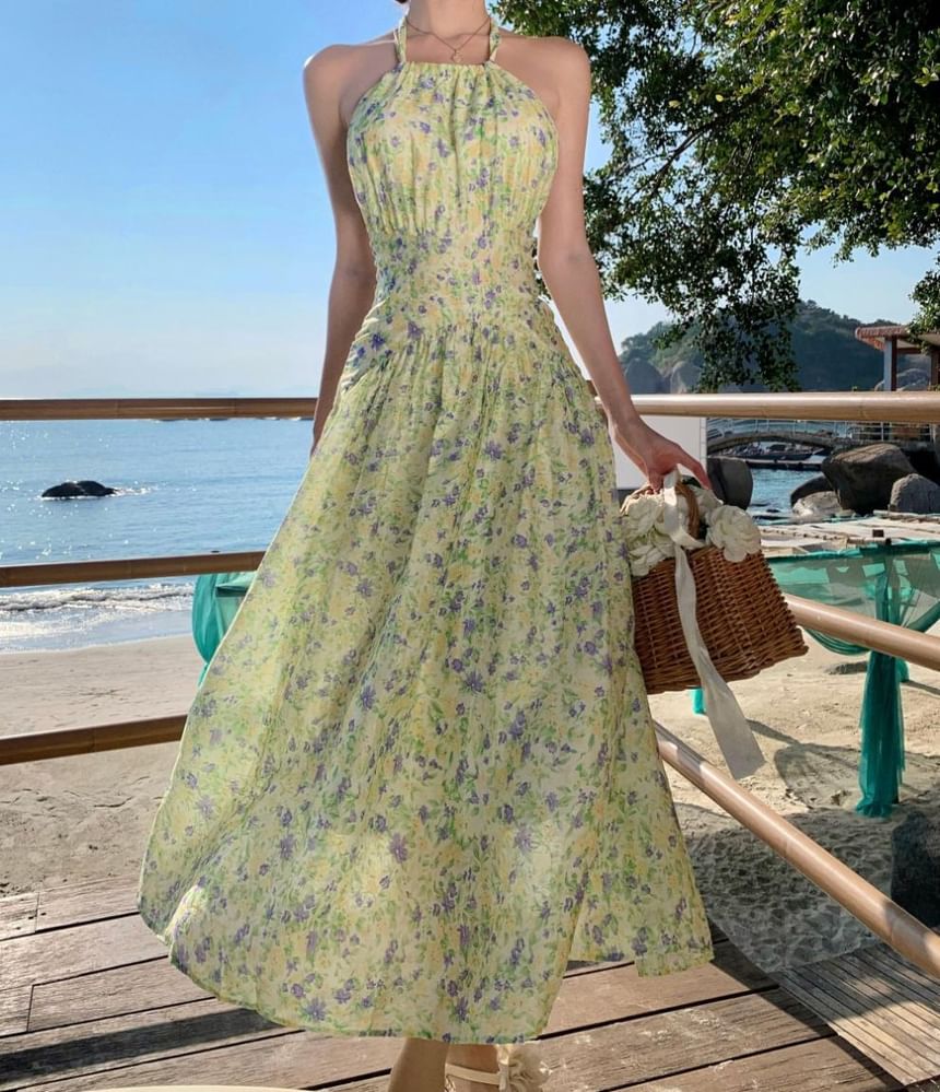Halter Neck Flower Print Midi A-Line Dress