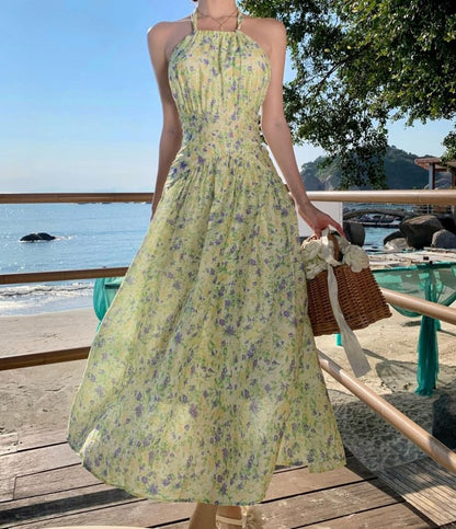 Halter Neck Flower Print Midi A-Line Dress
