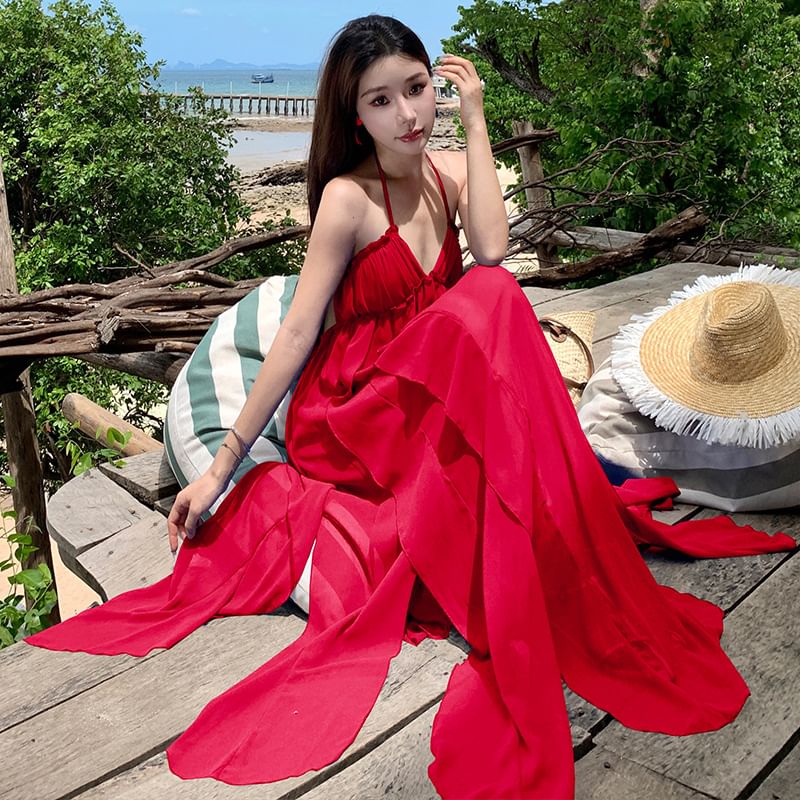 Spaghetti Strap Halter Neck Plain Ruffle Trim Maxi A-Line Dress