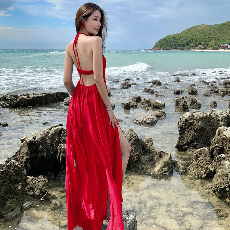 Spaghetti Strap Halter Neck Plain Ruffle Trim Maxi A-Line Dress