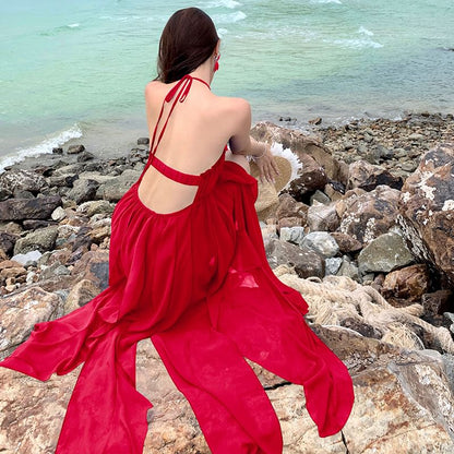 Spaghetti Strap Halter Neck Plain Ruffle Trim Maxi A-Line Dress