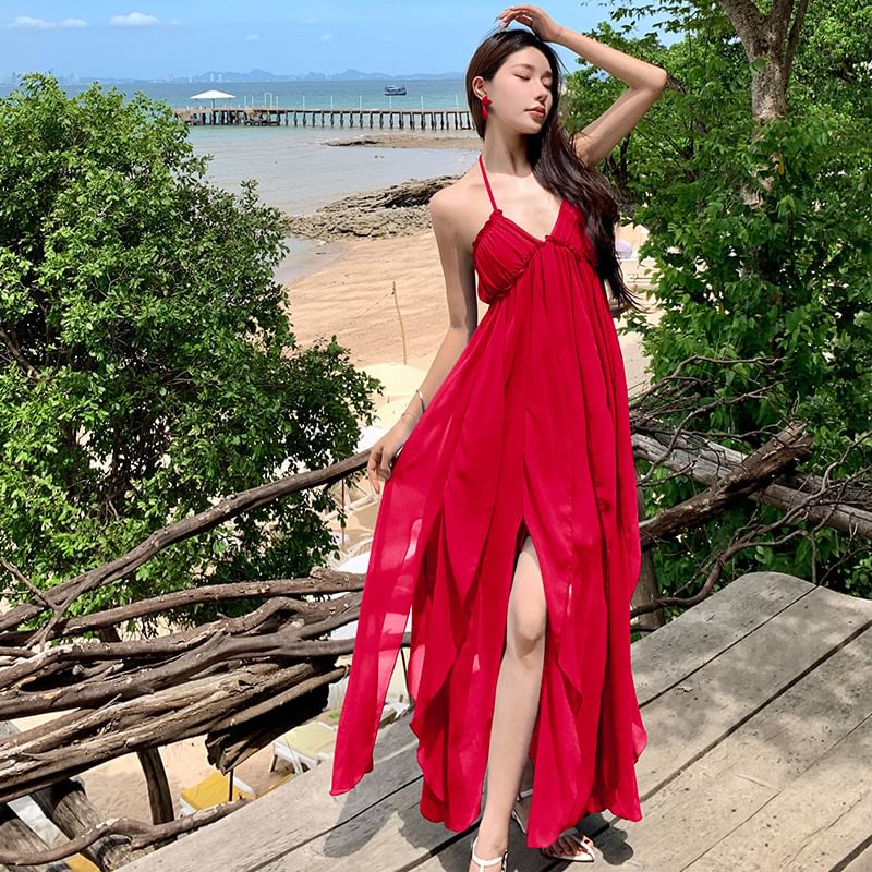 Spaghetti Strap Halter Neck Plain Ruffle Trim Maxi A-Line Dress