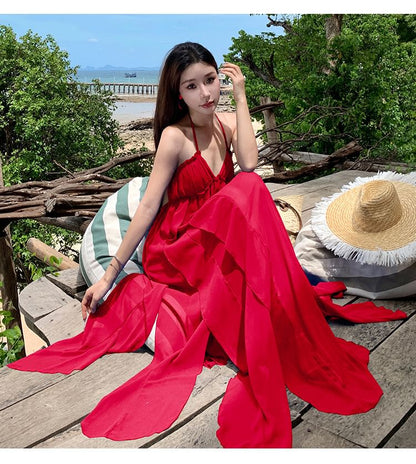 Spaghetti Strap Halter Neck Plain Ruffle Trim Maxi A-Line Dress