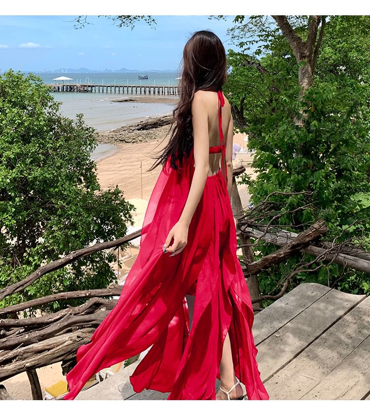 Spaghetti Strap Halter Neck Plain Ruffle Trim Maxi A-Line Dress