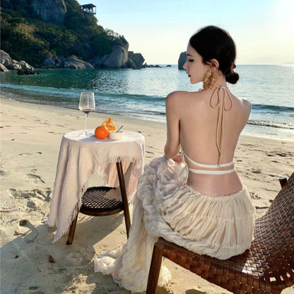 Set: Halter Neck Crop Cami Top + High Rise Plain Maxi A-Line Skirt