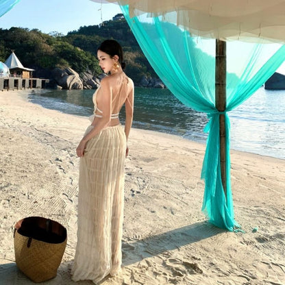 Set: Halter Neck Crop Cami Top + High Rise Plain Maxi A-Line Skirt