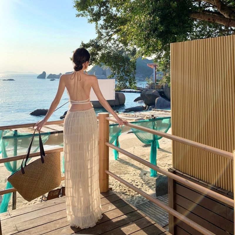 Set: Halter Neck Crop Cami Top + High Rise Plain Maxi A-Line Skirt