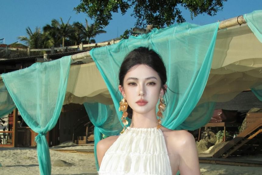 Set: Halter Neck Crop Cami Top + High Rise Plain Maxi A-Line Skirt