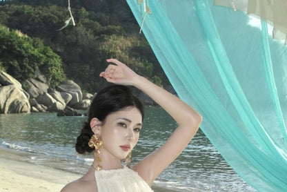 Set: Halter Neck Crop Cami Top + High Rise Plain Maxi A-Line Skirt