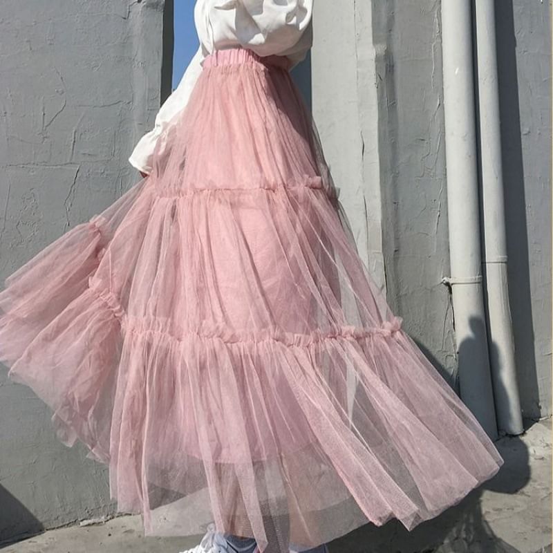 Tulle Midi A-Line Skirt with Tiered Frill and Elastic Waist