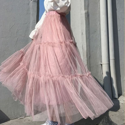 Tulle Midi A-Line Skirt with Tiered Frill and Elastic Waist