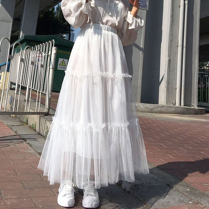Tulle Midi A-Line Skirt with Tiered Frill and Elastic Waist