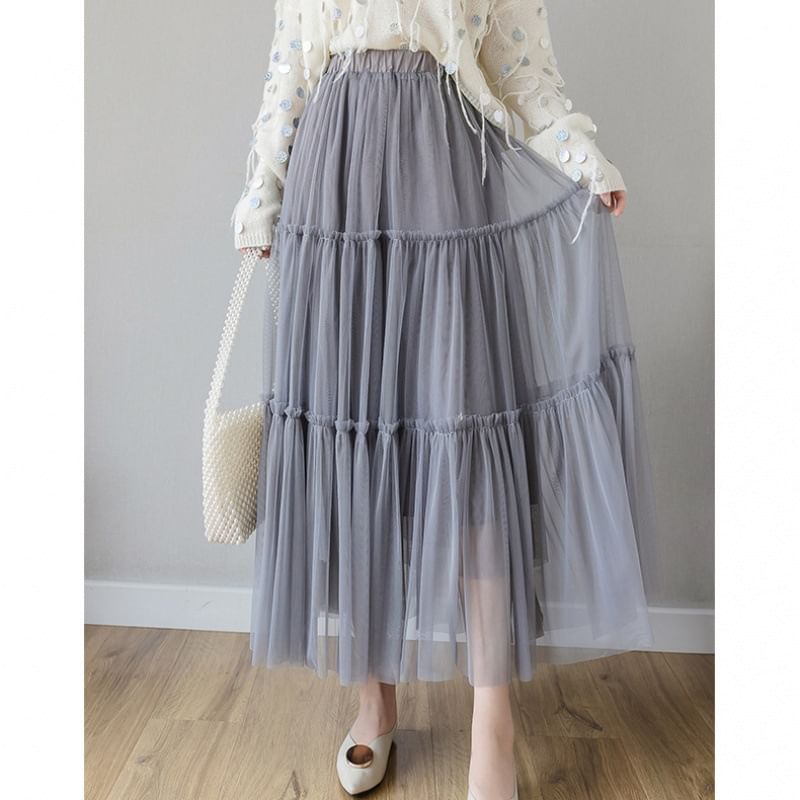 Tulle Midi A-Line Skirt with Tiered Frill and Elastic Waist