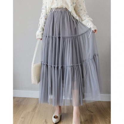 Tulle Midi A-Line Skirt with Tiered Frill and Elastic Waist