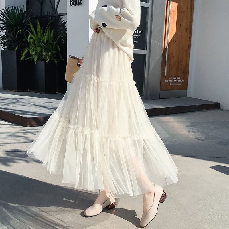 Tulle Midi A-Line Skirt with Tiered Frill and Elastic Waist