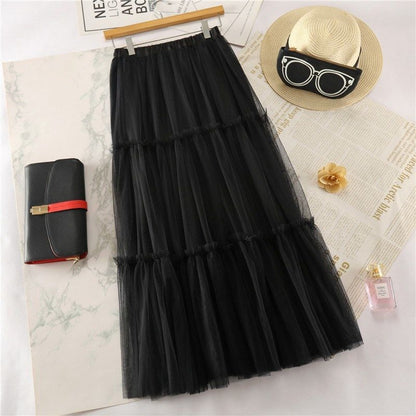 Tulle Midi A-Line Skirt with Tiered Frill and Elastic Waist