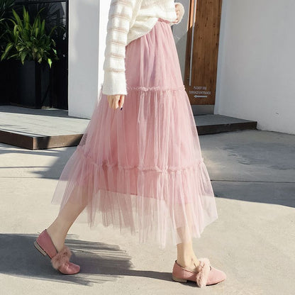Tulle Midi A-Line Skirt with Tiered Frill and Elastic Waist