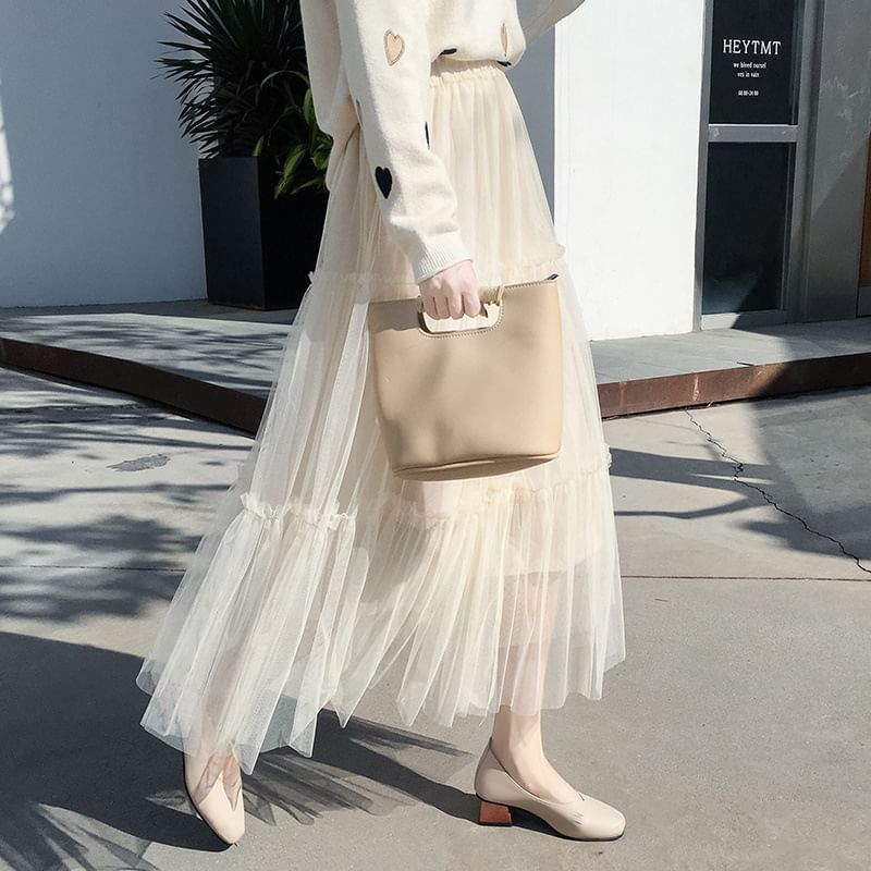 Tulle Midi A-Line Skirt with Tiered Frill and Elastic Waist