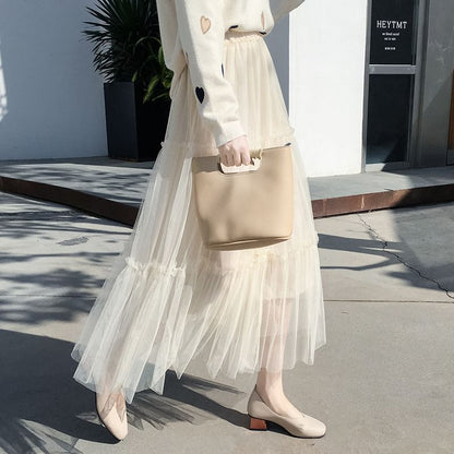 Tulle Midi A-Line Skirt with Tiered Frill and Elastic Waist