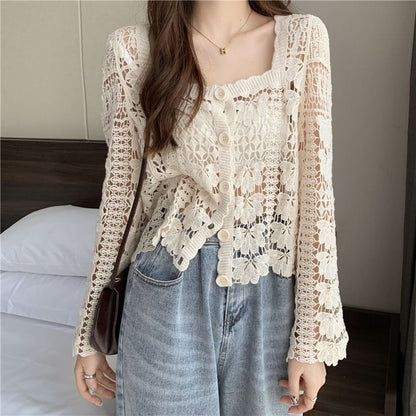 Square Neck Floral Crochet Cropped Cardigan