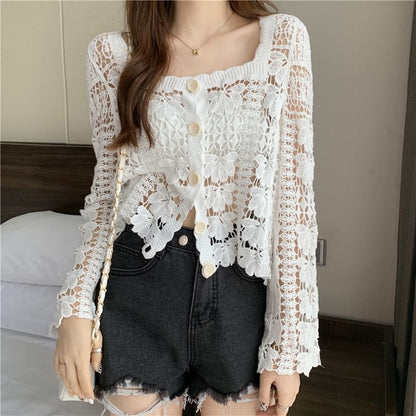 Square Neck Floral Crochet Cropped Cardigan