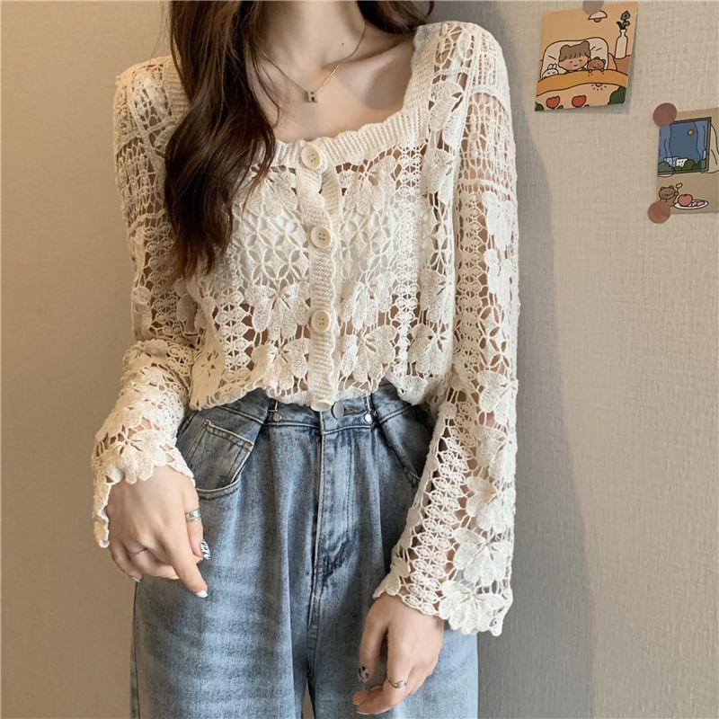 Square Neck Floral Crochet Cropped Cardigan