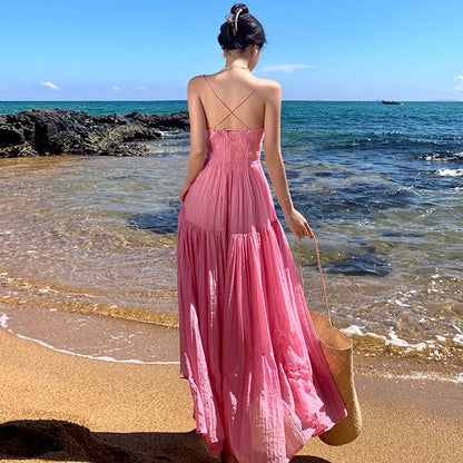 Spaghetti Strap Plain Textured Maxi A-Line Dress