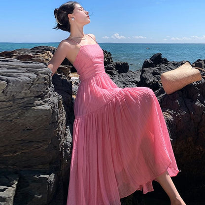 Spaghetti Strap Plain Textured Maxi A-Line Dress