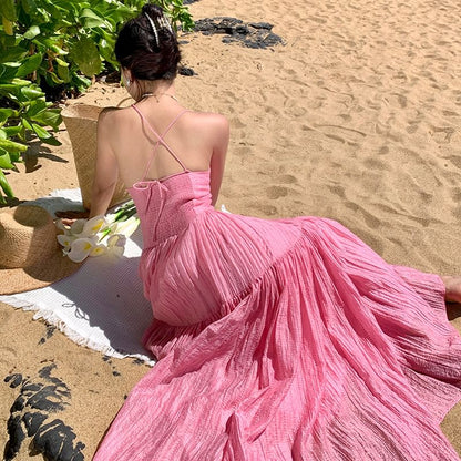 Spaghetti Strap Plain Textured Maxi A-Line Dress