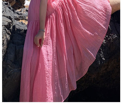 Spaghetti Strap Plain Textured Maxi A-Line Dress