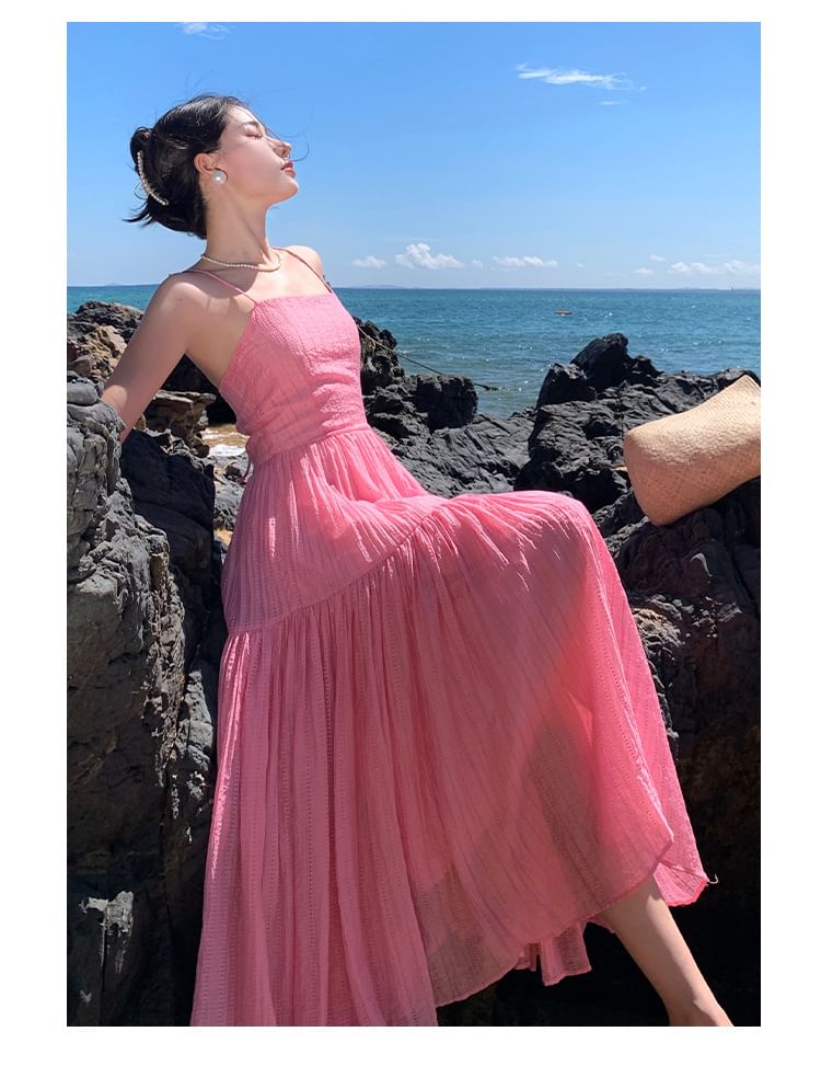 Spaghetti Strap Plain Textured Maxi A-Line Dress