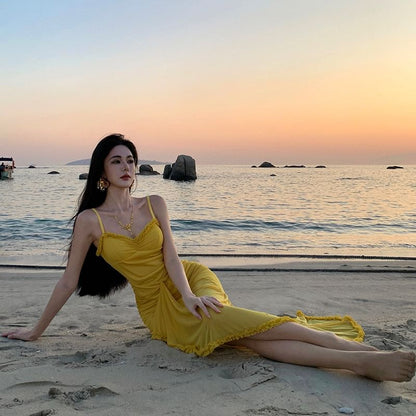 Spaghetti Strap V-Neck Plain Ruffle Hem Bodycon Maxi Dress