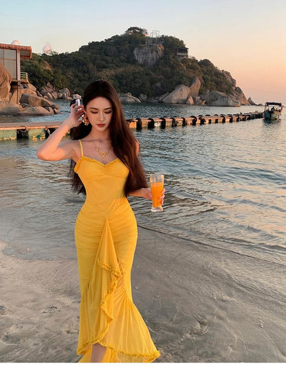 Spaghetti Strap V-Neck Plain Ruffle Hem Bodycon Maxi Dress