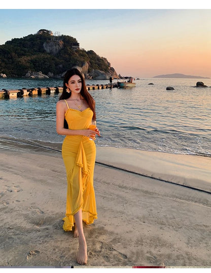 Spaghetti Strap V-Neck Plain Ruffle Hem Bodycon Maxi Dress