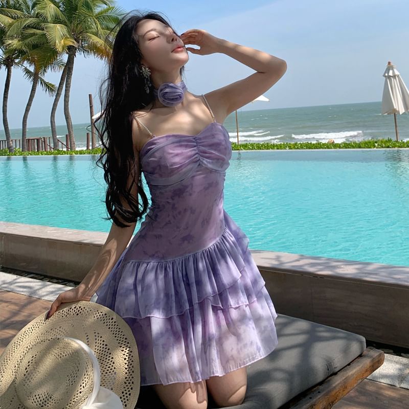 Spaghetti Strap V-Neck Tie-Dye Mini A-Line Dress