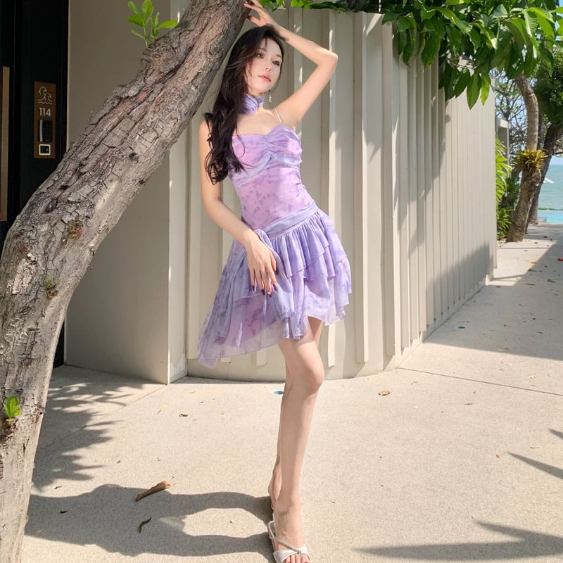 Spaghetti Strap V-Neck Tie-Dye Mini A-Line Dress