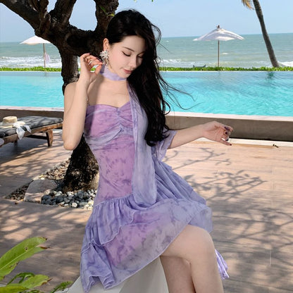 Spaghetti Strap V-Neck Tie-Dye Mini A-Line Dress