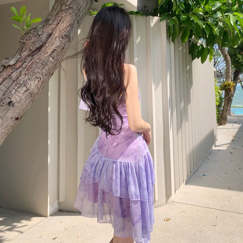 Spaghetti Strap V-Neck Tie-Dye Mini A-Line Dress