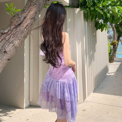 Spaghetti Strap V-Neck Tie-Dye Mini A-Line Dress