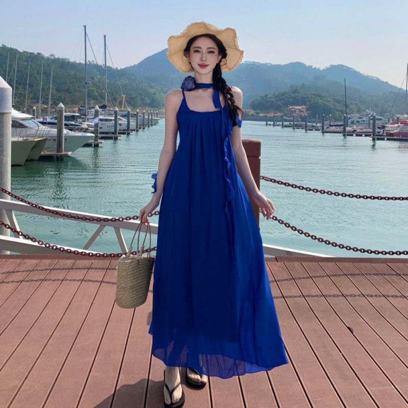 Spaghetti Strap Scoop Neck Plain Ruffle Trim Maxi A-Line Dress