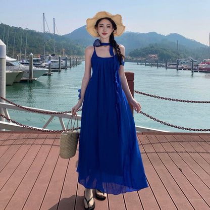 Spaghetti Strap Scoop Neck Plain Ruffle Trim Maxi A-Line Dress