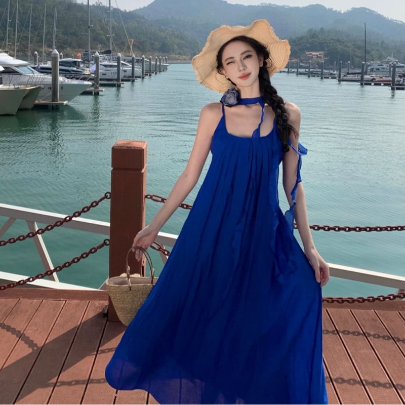 Spaghetti Strap Scoop Neck Plain Ruffle Trim Maxi A-Line Dress
