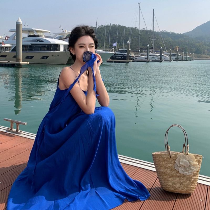 Spaghetti Strap Scoop Neck Plain Ruffle Trim Maxi A-Line Dress
