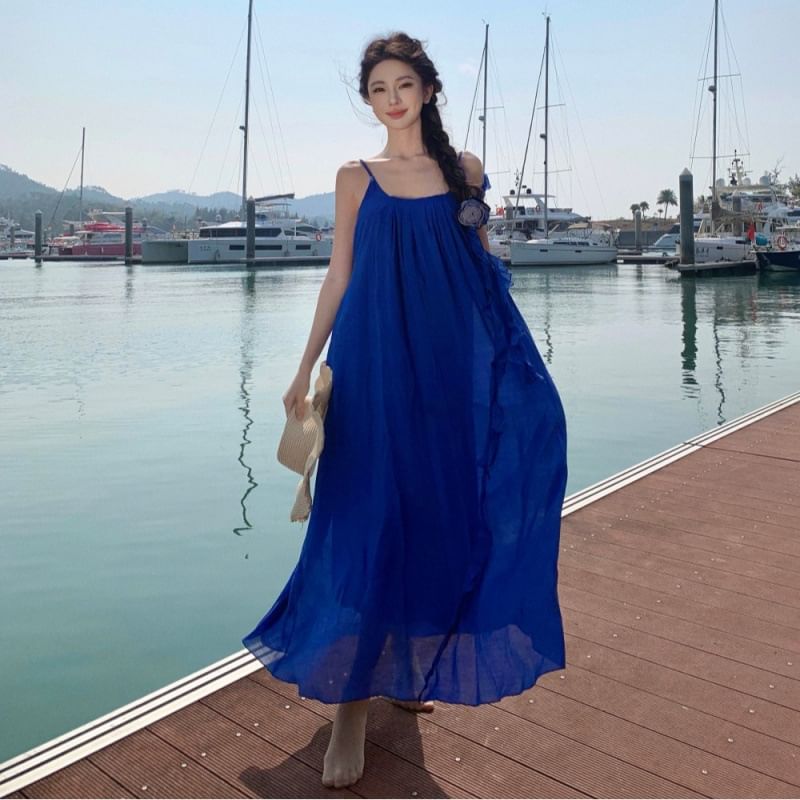 Spaghetti Strap Scoop Neck Plain Ruffle Trim Maxi A-Line Dress