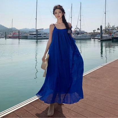 Spaghetti Strap Scoop Neck Plain Ruffle Trim Maxi A-Line Dress
